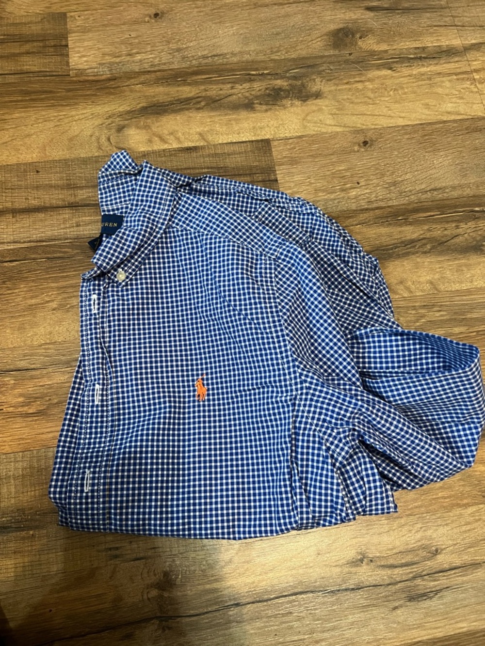 Ralph Lauren Blue and White Gingham Button-Down Shirt with Orange Pony